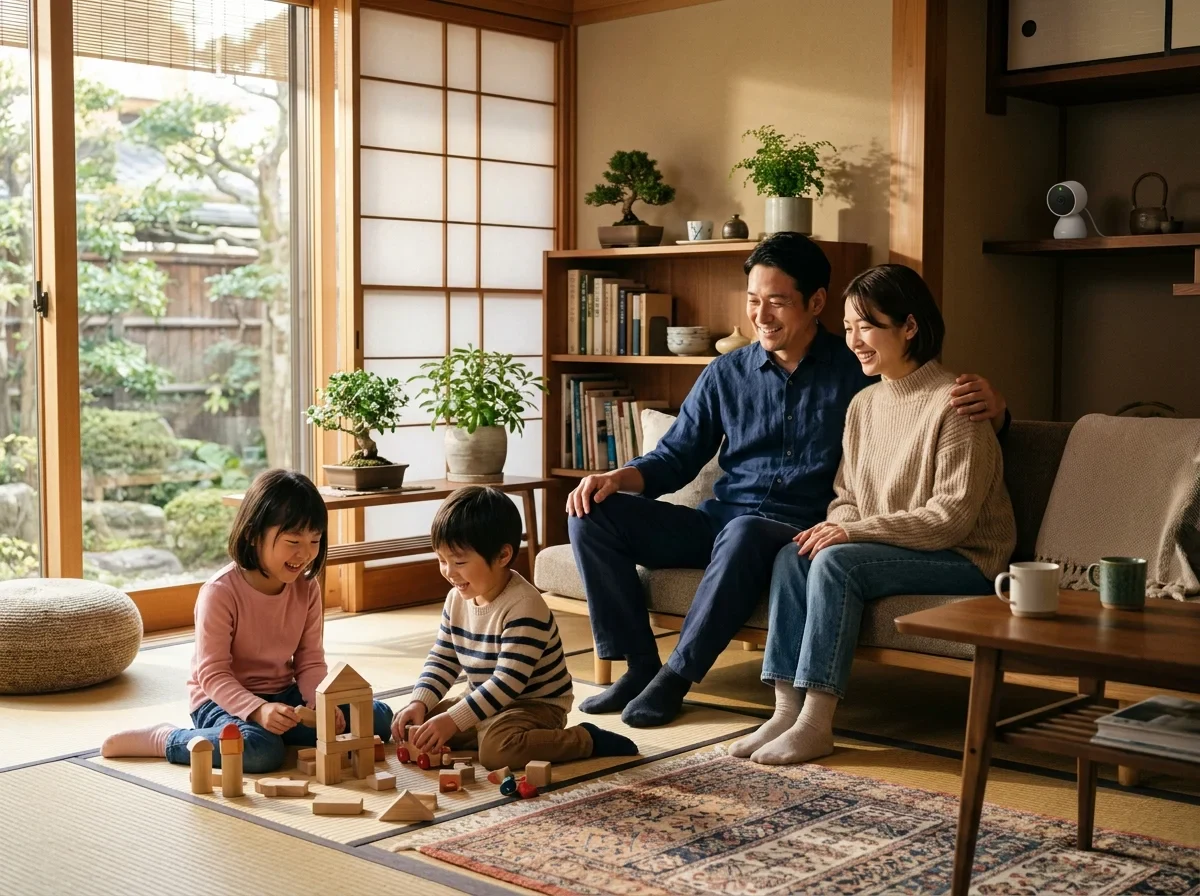 リビングで遊ぶ子どもたちと、家の見守りを考える家族