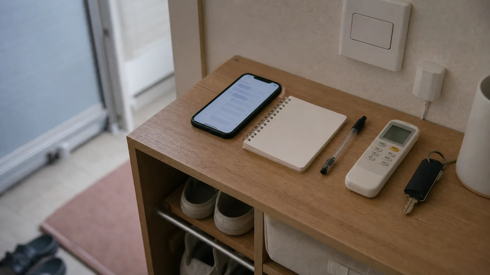 スマートフォンの自動化履歴と手書きのメモを確認する玄関