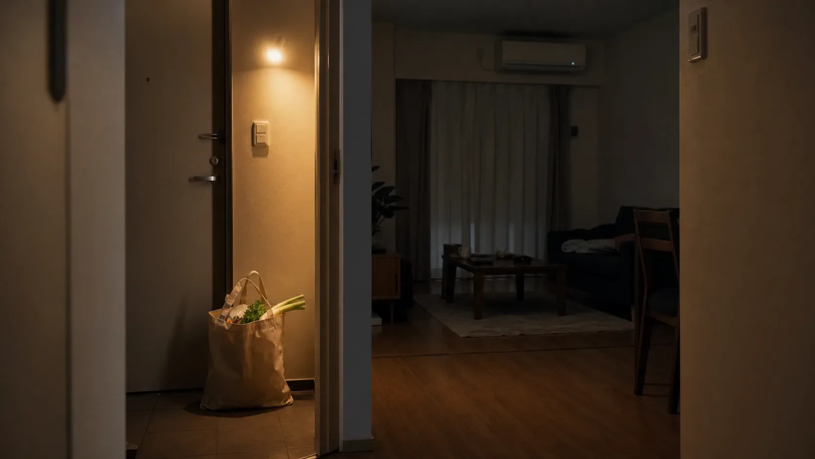 帰宅後に玄関照明だけが点き、リビングは落ち着いたままの部屋