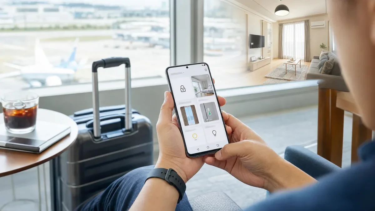 旅行先からスマートフォンで自宅の鍵や空調を確認する様子