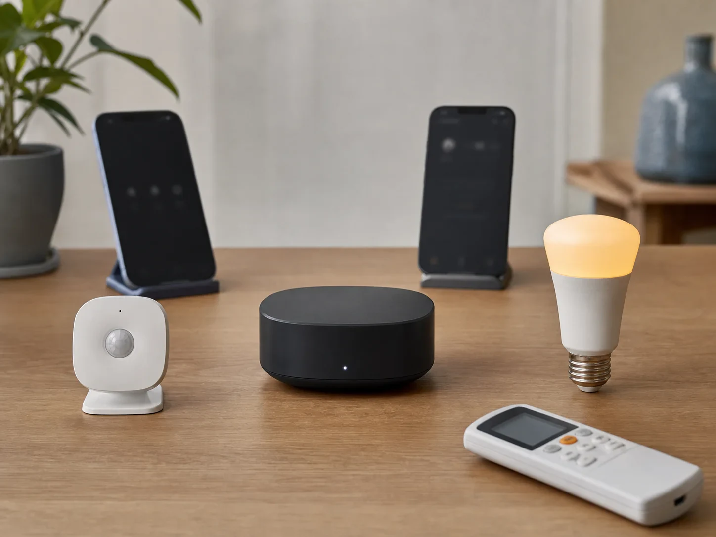 スマートホームハブとセンサー、照明、赤外線リモコン、複数の操作端末を並べた場面