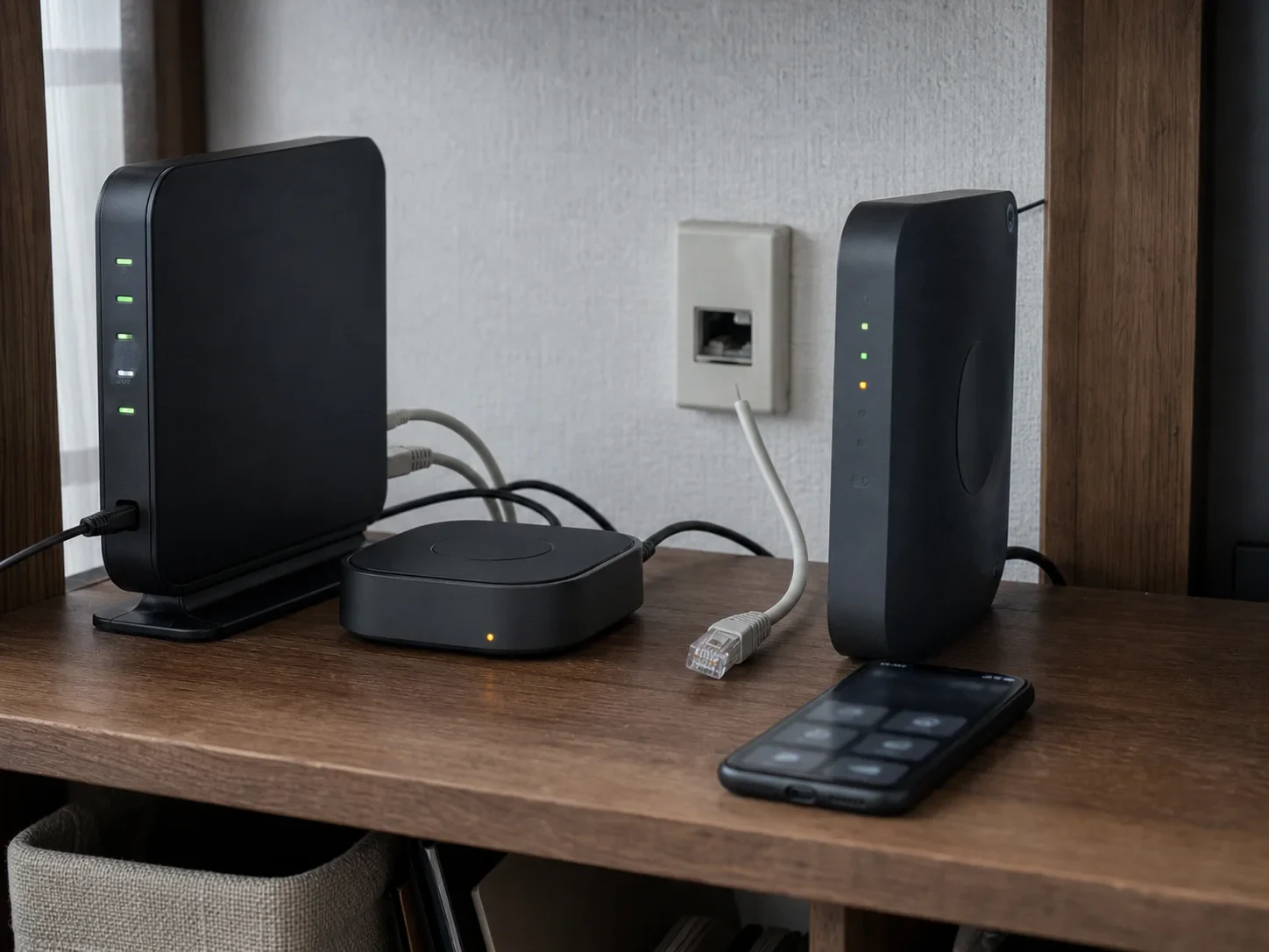 インターネット回線だけを外し、ルーターとスマートホームハブは通電したままのネットワーク棚