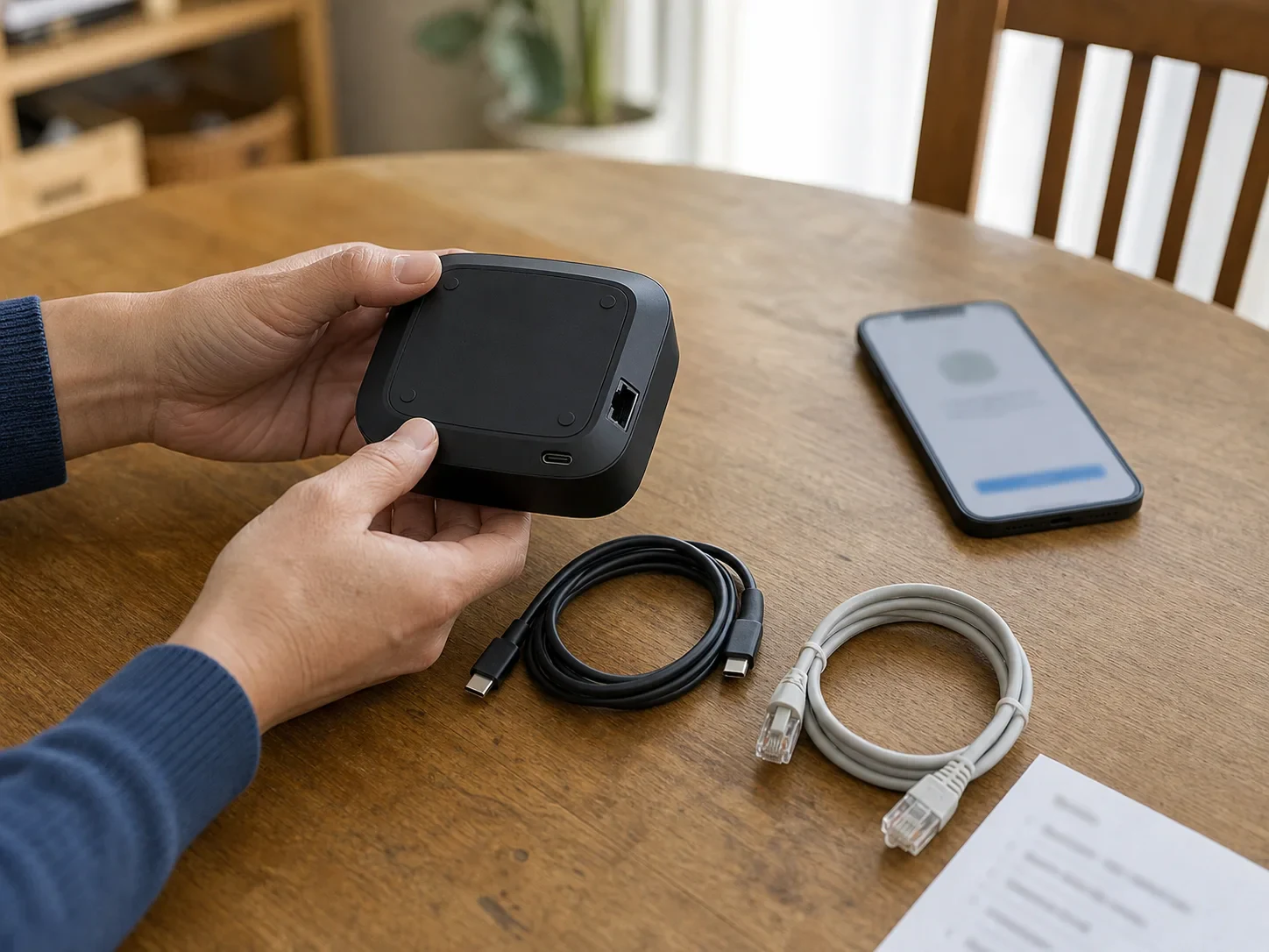 スマートホームハブの底面とUSB-Cケーブル、LANケーブルをテーブルで確認する手元