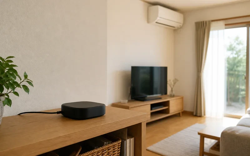 日本のテレビ台にスマートホームハブを置き、電源と赤外線の通り道を確認するイメージ