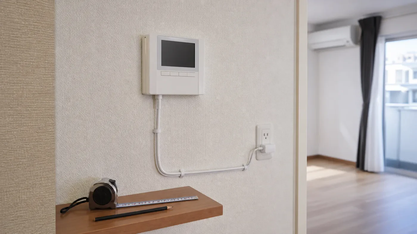 壁面の固定位置と電源コードを確認するスマートホームパネル