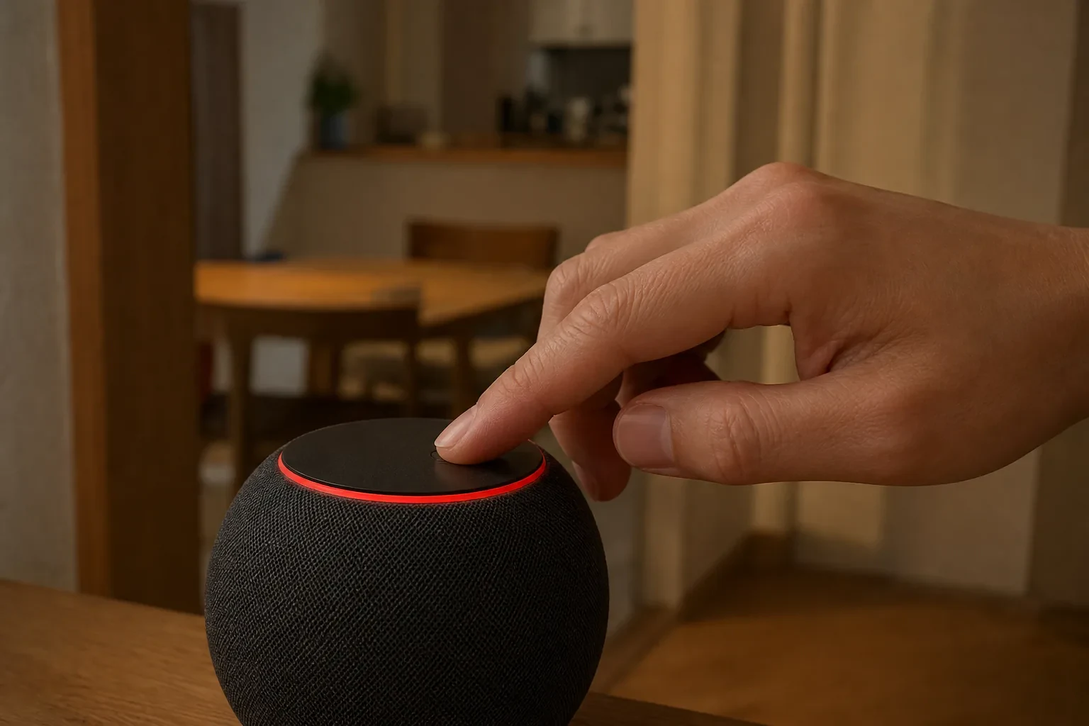 マイクをミュートできるスマートスピーカーを静かな部屋で確認する場面