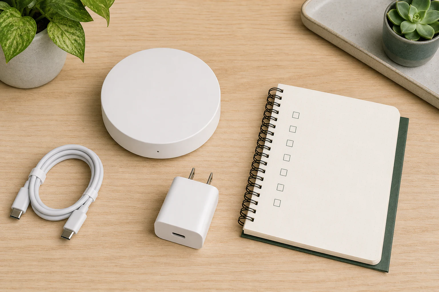 スマートホームハブ、USBケーブル、電源アダプター、チェック項目を並べた購入前の机