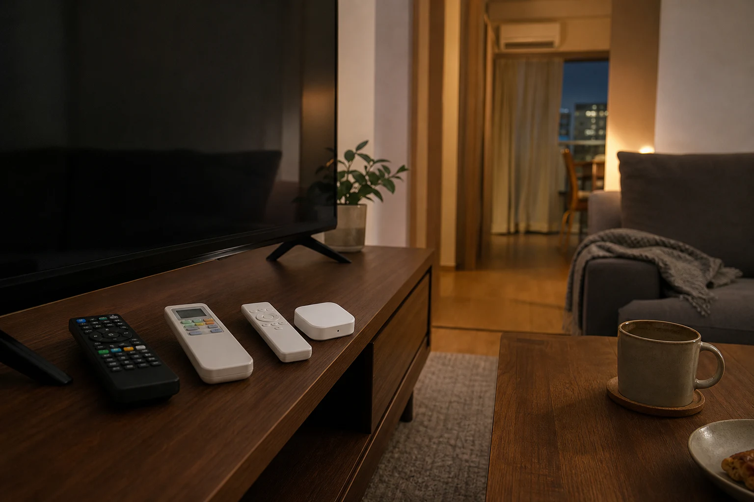 テレビとエアコンのリモコンをスマートリモコンハブにまとめるリビングの様子