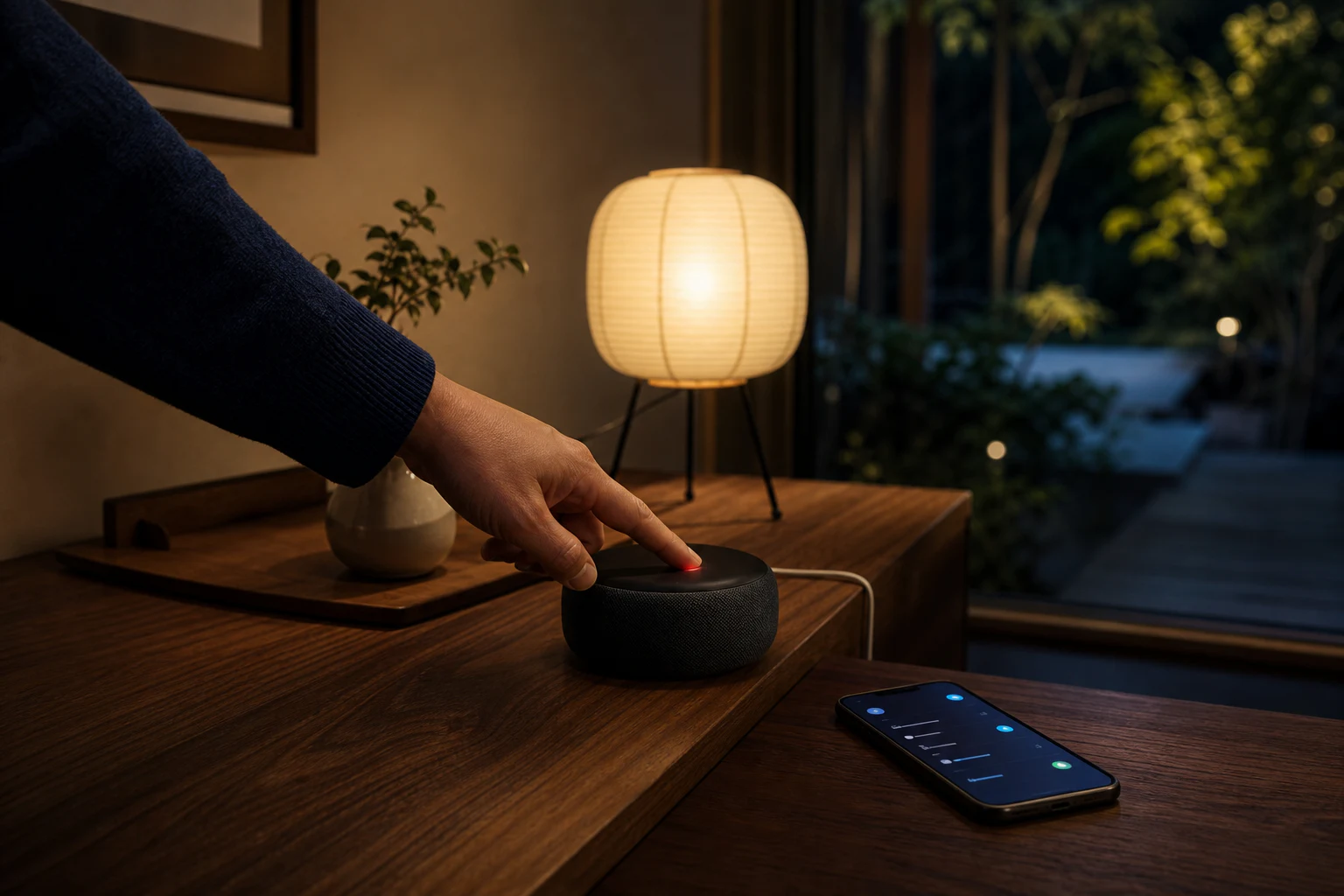 マイクをオフにしたスマートスピーカーとプライバシー設定を確認する夜の部屋