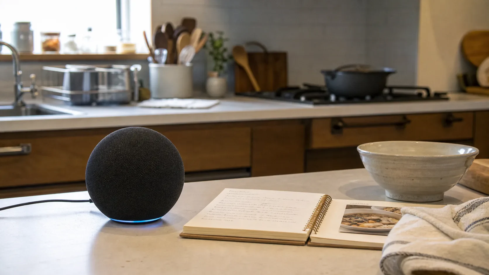 日本のキッチンカウンターに置かれたEcho Dot(第5世代)とレシピノート