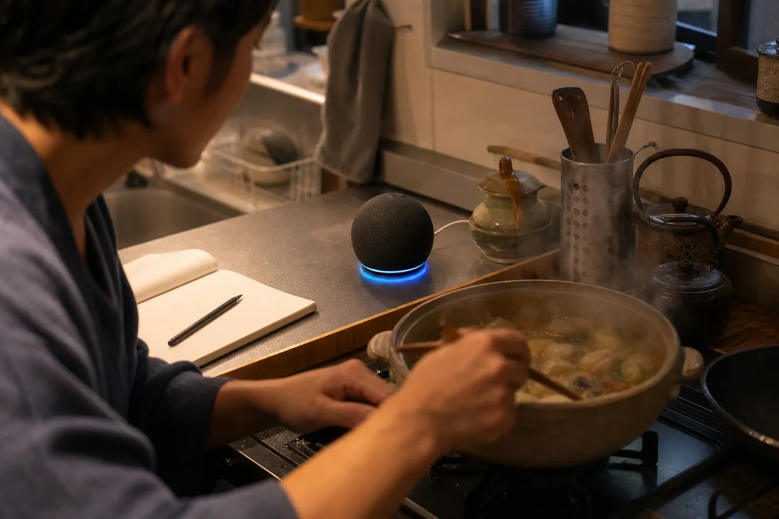 料理の途中で画面のないスピーカーを見つめるキッチンの場面