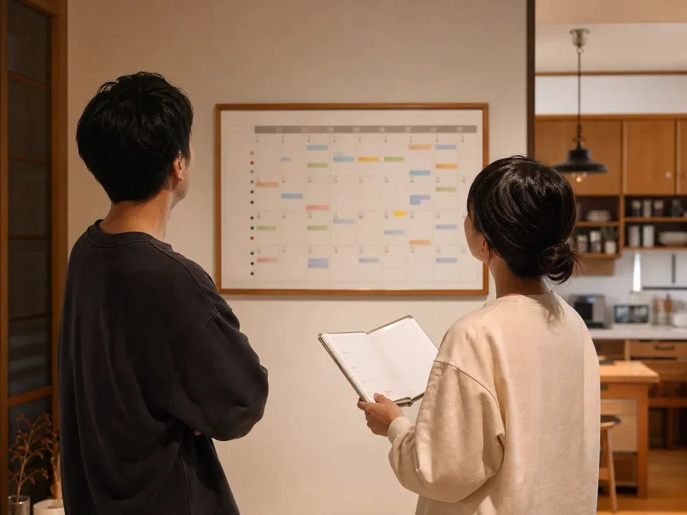 紙の予定表と家族が大画面の共有予定を検討する様子