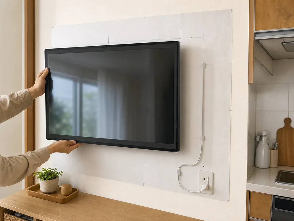 大画面スマートディスプレイの壁掛け位置と電源コードを確認する様子