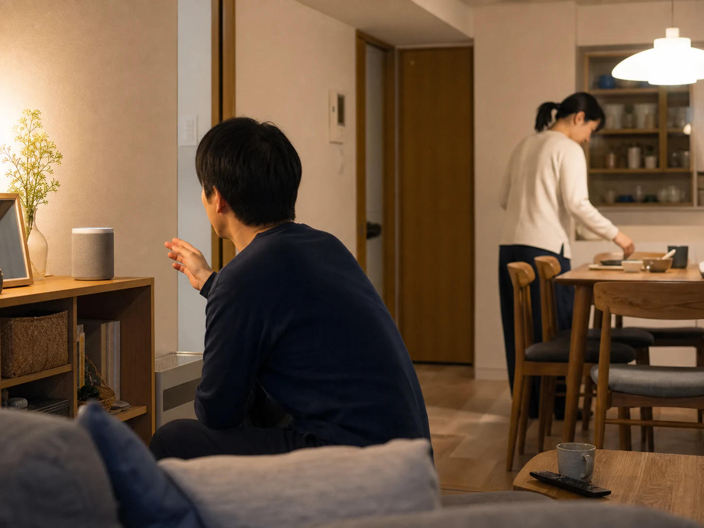 リビングのスピーカーへ家族が声をかけ、別の家族が台所で過ごす日本の住まい