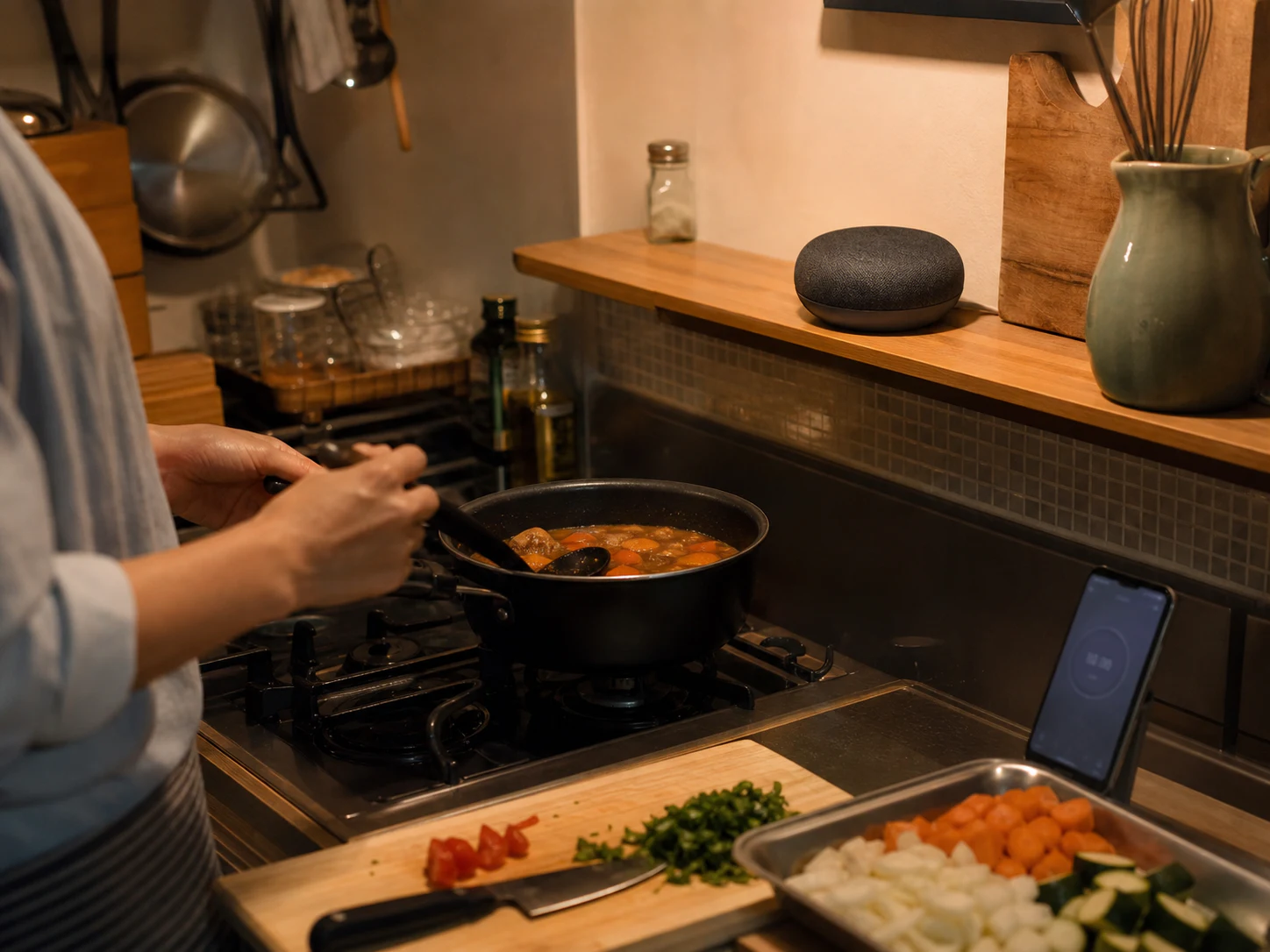 料理をしながらスマートスピーカーとタイマーを使う日本のキッチン
