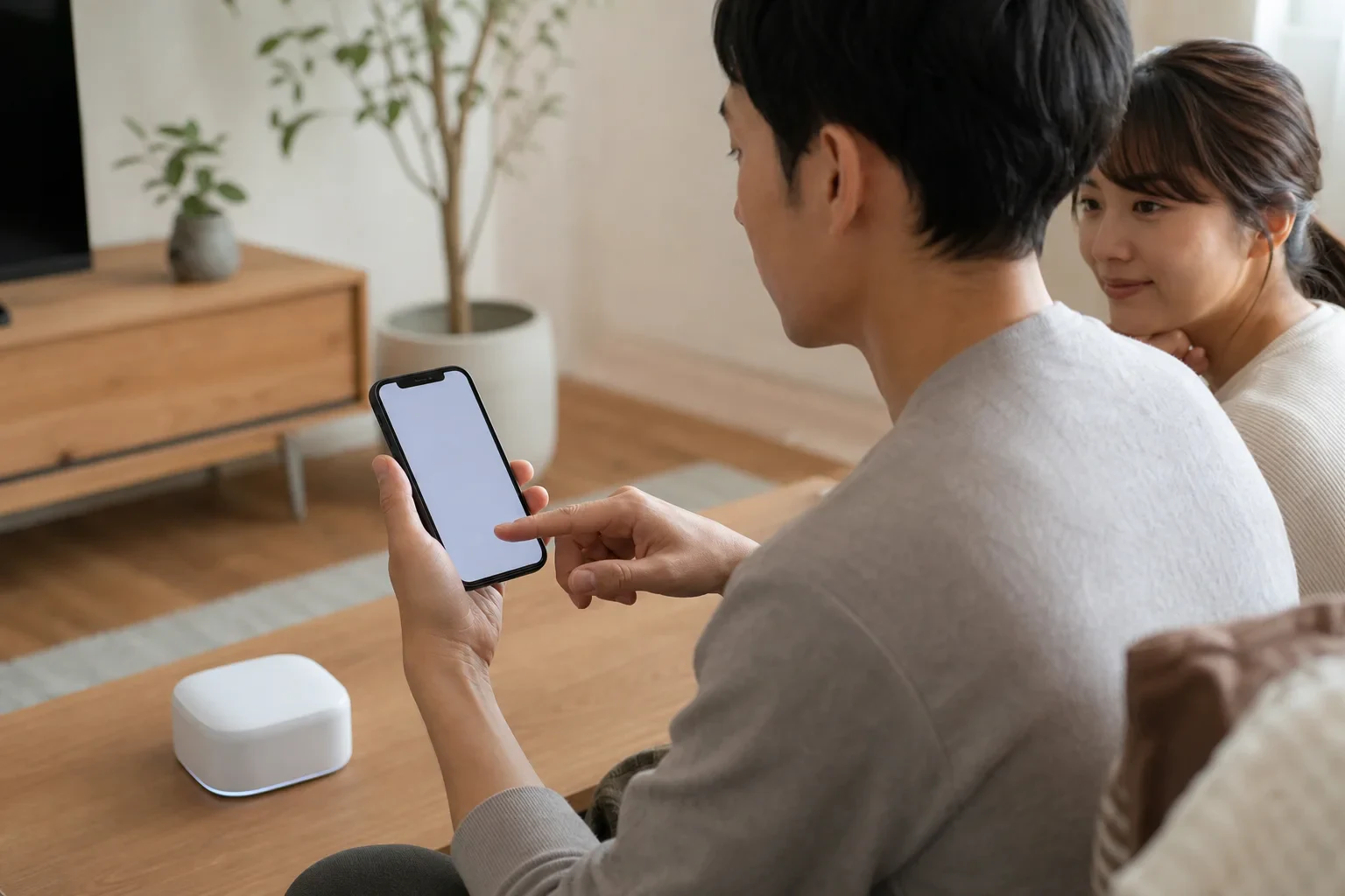 iPhoneを手にApple Homeのスマートホームを確認する家族のリビング
