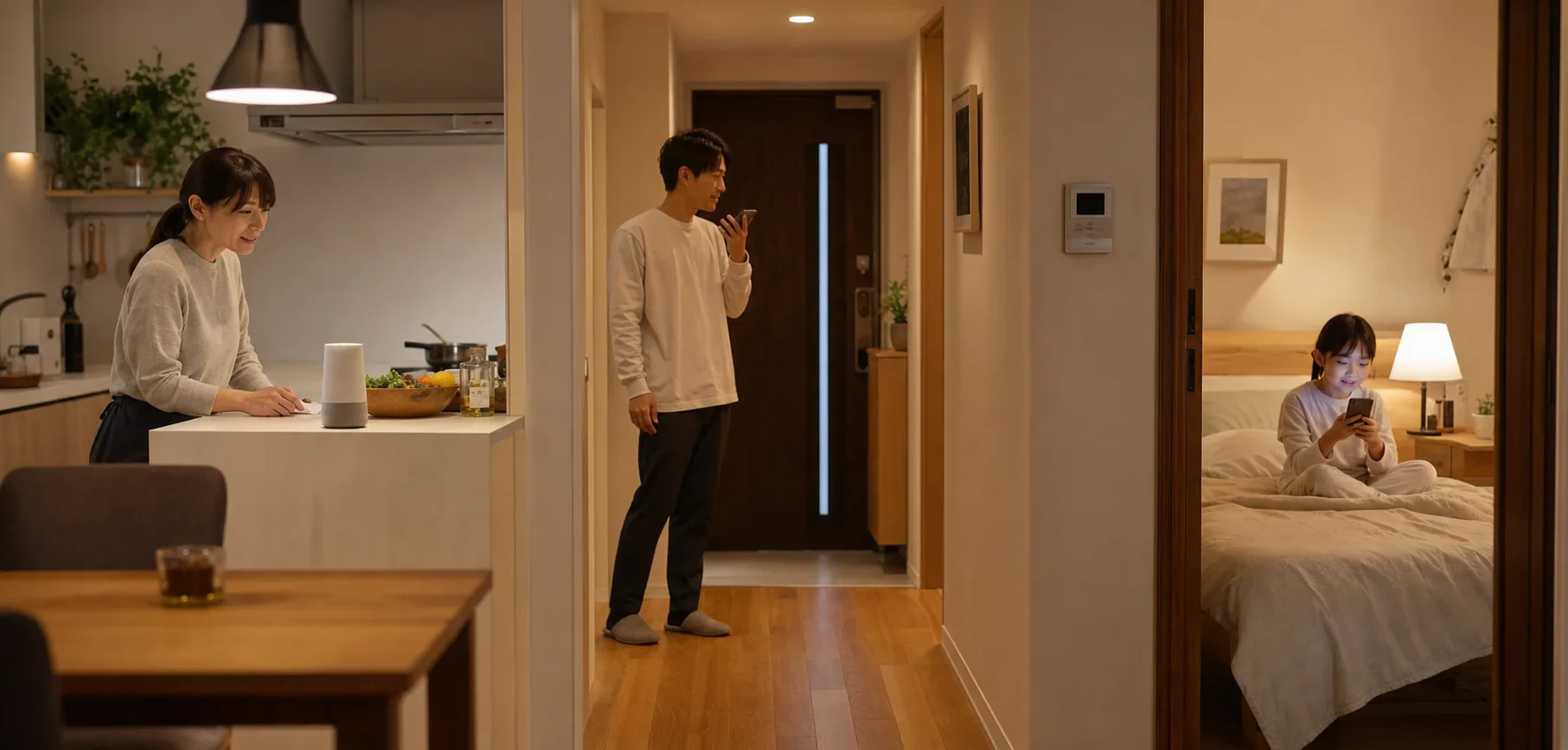 朝のキッチン、廊下、寝室で家族が同じスマートホームを使い分ける場面