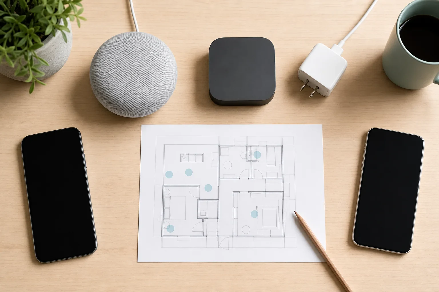 スマートフォン、音声端末、スマートホームハブを同じ机で比べるイメージ