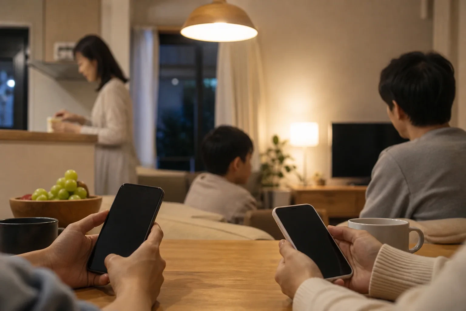 家族が別々のスマートフォンから同じ照明を操作するリビング