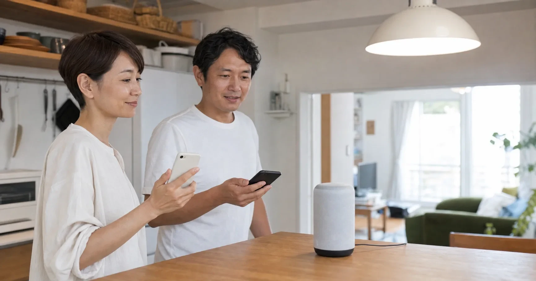 AndroidとiPhoneを持つ家族がキッチンで音声操作を使う生活シーン