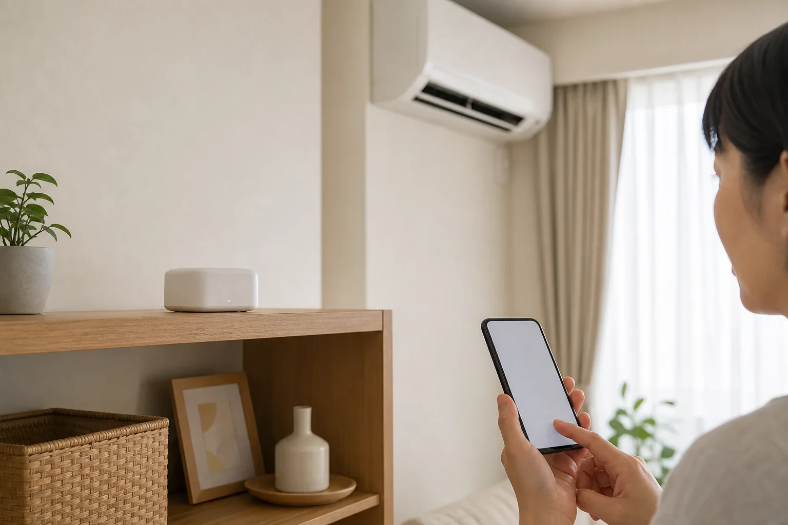 スマートホームハブをリビングの棚へ置き、赤外線家電と連携する生活シーン